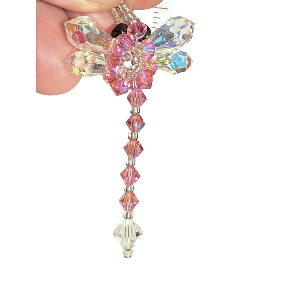 Dragonfly Faceted Beaded Pendant Aurora Borealis Handmade Pink - Picture 3 of 7